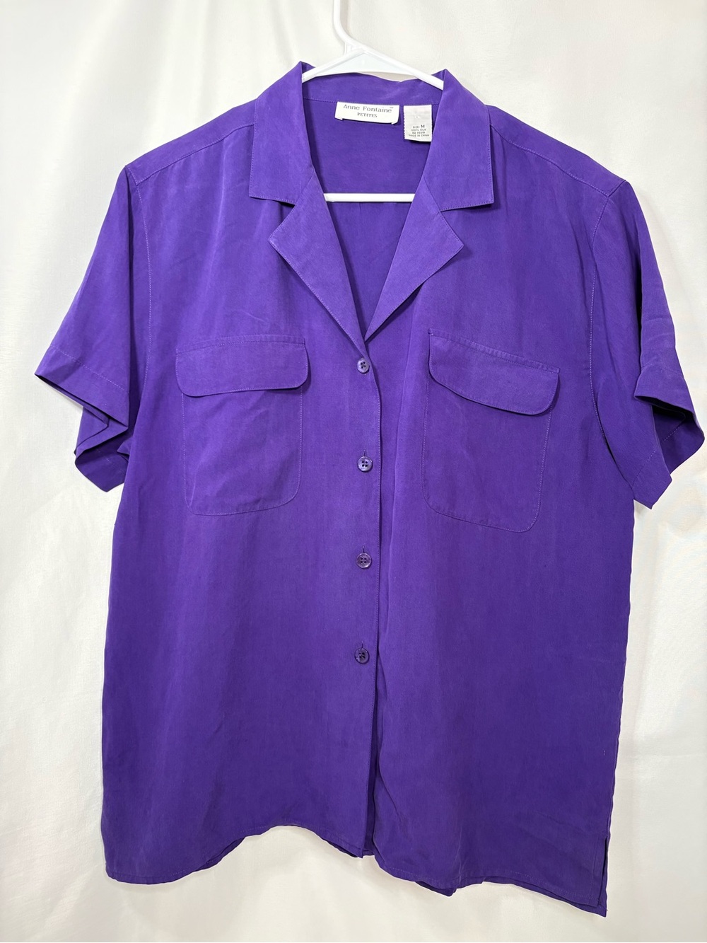 Vintage Anne Fontaine Petites Purple Short-Sleeve Camp Shirt 100% Silk Size MP
